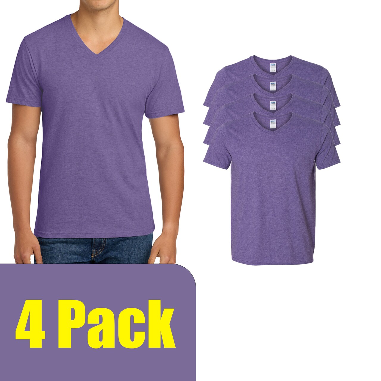 Gildan Men's Softstyle Short Sleeve V-Neck T-Shirt for DIY Projects & Printing, Heather Purple, S-5XL